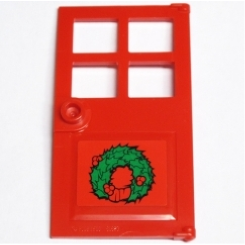 Деталь LEGO 60623pb01 Door 1 x 4 x 6 with 4 Panes and Stud Handle with Green Christmas Wreath Pattern (Sticker) - Set 10229