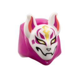Minifigure, Headgear Hood with Molded White Kitsune Fox Mask and Printed Coral and Magenta Auricles, Gold Eyes and Trim, Black Nose and Mouth Pattern Minifigure, Headgear Hood with Molded White Kitsune Fox Mask and Printed Coral and Magenta Auricles, Gold Eyes and Trim, Black Nose and Mouth Pattern