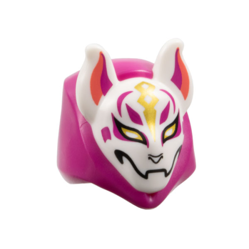 Деталь LEGO 105646pb01 Minifigure, Headgear Hood with Molded White Kitsune Fox Mask and Printed Coral and Magenta Auricles, Gold Eyes and Trim, Black Nose and Mouth Pattern