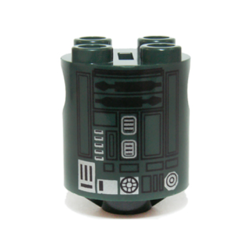 Деталь LEGO 30361cpb029 Brick, Round 2 x 2 x 2 Robot Body with Bottom Axle Holder (x Shape / + Orientation) with Black Lines and Silver Pattern (Festive Astromech Droid / SW R2-X2)