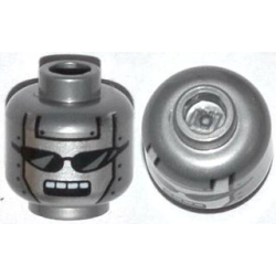 Minifigure, Head Alien Robot with Silver Face, Black Sunglasses, Rivets, and Open Rectangular Mouth with White Teeth Pattern