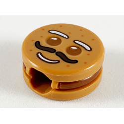 Minifigure, Head, Modified Cookie Shape with Reddish Brown Eyes and Frosting, White Eyebrows and Mouth, Dark Brown Moustache Pattern (Gingerbread Man)