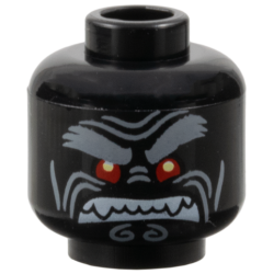 Minifigure, Head Alien with Light Bluish Gray Bushy Eyebrows, Left Raised Eyebrow, Red Eyes and Clenched White Fangs Pattern