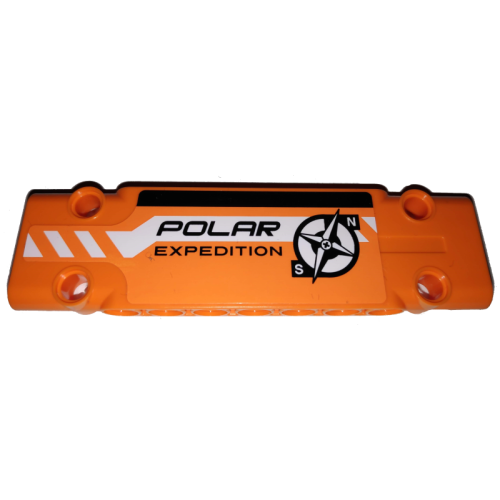 Деталь LEGO 15458pb017R Technic, Panel Plate 3 x 11 x 1 with Black and White Stripes Partially Dotted, 'POLAR EXPEDITION' and Compass Logo on Orange Background Pattern Model Right Side (Sticker) - Set 42038