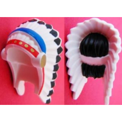 Minifigure, Headgear Headdress Indian with Colored Feathers, Gold Dots on Red and Black Hair on Back Pattern