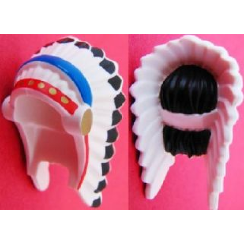 Деталь LEGO 93227pb01 Minifigure, Headgear Headdress Indian with Colored Feathers, Gold Dots on Red and Black Hair on Back Pattern