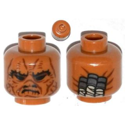 Minifigure, Head Alien SW Weequay with Black Brow, Eyes and Nostrils, Dark Red Facial Lines, Frown, Wrapped Ponytails on Back Pattern