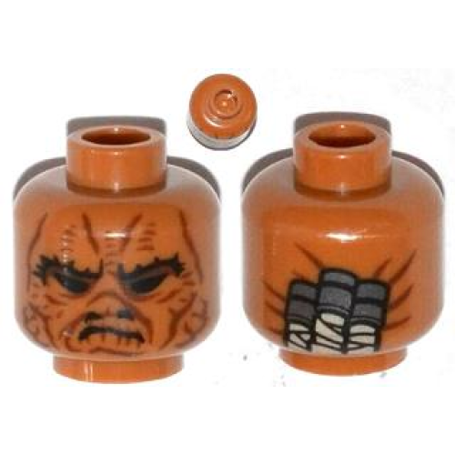 Деталь LEGO 3626pb0983 Minifigure, Head Alien SW Weequay with Black Brow, Eyes and Nostrils, Dark Red Facial Lines, Frown, Wrapped Ponytails on Back Pattern