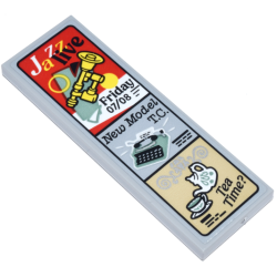 Tile 2 x 6 with Sign with 'Jazz live' and Yellow Trumpet, 'New Model T.C.' and Typewriter, and 'Tea Time?' and White Tea Pot and Cup Pattern (Sticker) - Set 21347