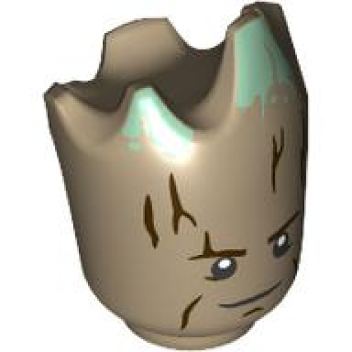 Деталь LEGO 96454pb02 Minifigure, Head, Modified Groot with Dark Brown Tree Bark, Sand Green Moss, Small Black Eyes with White Pupils, Slight Smirk Pattern