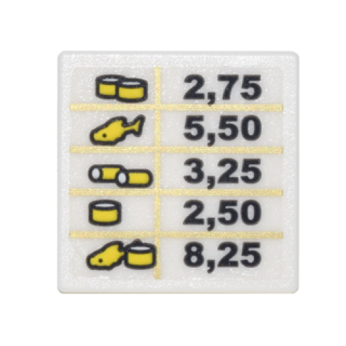 Деталь LEGO 15210pb031 Road Sign 2 x 2 Square with Open O Clip with Price Sign with Gold Grid Lines, Sushi Rolls, Fish and Black Numbers Pattern (Sticker) - Set 70620