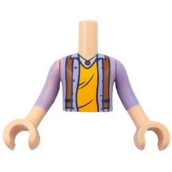Torso Mini Doll Boy Lavender Shirt Open with Dark Blue Buttons over Orange Undershirt, Dark Orange Suspenders and Necklace Pattern, Light Nougat Arms with Hands with Lavender Long Sleeves