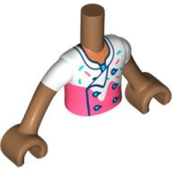 Torso Mini Doll Boy White and Coral Chef Shirt with Dark Turquoise and Coral Sprinkles Pattern, Medium Nougat Arms with Hands with White Short Sleeves