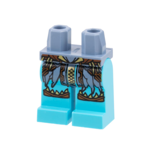 Деталь LEGO 970c156pb01 Hips and Medium Azure Legs with Medium Nougat Belt, Loincloth, and Knee Pads, Gold Shark Teeth Pattern