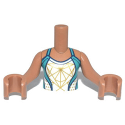 Torso Mini Doll Girl Dark Turquoise Swimsuit with White and Gold Front Panel and Round Open Back Pattern, Medium Nougat Arms with Hands