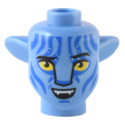 Minifigure, Head, Modified Alien Na'vi with Yellow Eyes, Silver Spots, Blue Markings, Open Mouth Smile with Top Teeth Pattern Minifigure, Head, Modified Alien Na'vi with Yellow Eyes, Silver Spots, Blue Markings, Open Mouth Smile with Top Teeth Pattern