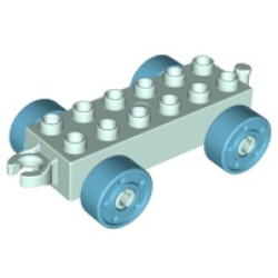 Duplo Car Base 2 x 6 with Open Hitch End and Medium Azure Wheels with Fake Bolts Duplo Car Base 2 x 6 with Open Hitch End and Medium Azure Wheels with Fake Bolts