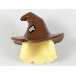 Minifigure, Hair Combo, Hair with Hat, Mid-Length Scraggly with Molded Reddish Brown Floppy Witch Hat and Printed Tan Patch Pattern Minifigure, Hair Combo, Hair with Hat, Mid-Length Scraggly with Molded Reddish Brown Floppy Witch Hat and Printed Tan Patch Pattern