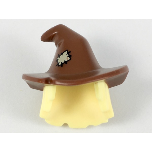 Деталь LEGO 20606pb03 Minifigure, Hair Combo, Hair with Hat, Mid-Length Scraggly with Molded Reddish Brown Floppy Witch Hat and Printed Tan Patch Pattern