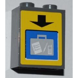 Brick 1 x 2 x 2 with Inside Axle Holder with Black Arrow and Suitcase on Screen on Yellow Background Pattern (Sticker) - Set 3182 Brick 1 x 2 x 2 with Inside Axle Holder with Black Arrow and Suitcase on Screen on Yellow Background Pattern (Sticker) - Set 3182