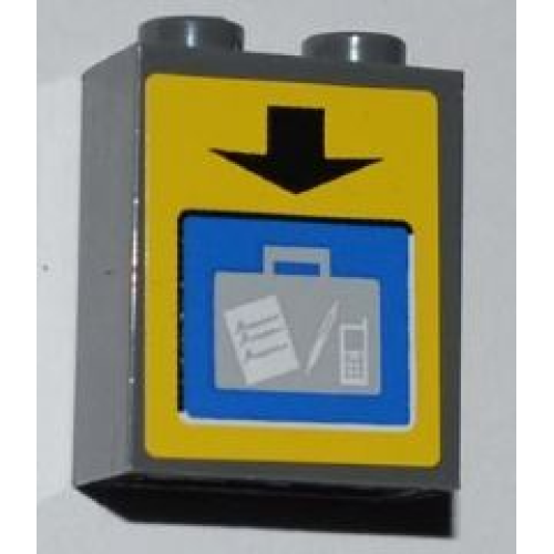 Деталь LEGO 3245bpb26 Brick 1 x 2 x 2 with Inside Axle Holder with Black Arrow and Suitcase on Screen on Yellow Background Pattern (Sticker) - Set 3182