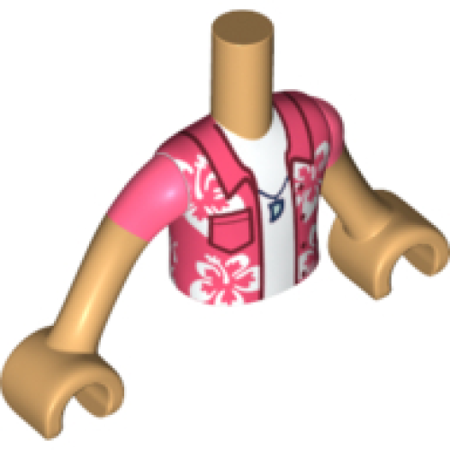 Деталь LEGO FTBpb076c01 Torso Mini Doll Boy Coral Shirt with Pocket and White Flowers, Dark Blue Necklace, Undershirt Pattern, Medium Tan Arms with Hands with Coral Short Sleeves