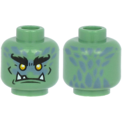 Minifigure, Head Alien with Black Bushy Eyebrows, Yellow Eyes, White Lower Fangs, and Sand Blue Scales Pattern