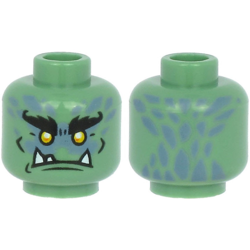 Деталь LEGO 3626pb2626 Minifigure, Head Alien with Black Bushy Eyebrows, Yellow Eyes, White Lower Fangs, and Sand Blue Scales Pattern