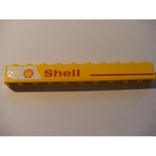 Деталь LEGO 6111pb005L Brick 1 x 10 with Red Line and 'Shell' Text and Logo Left Pattern (Sticker) - Set 1252