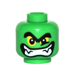 Minifigure, Head Alien with Black Thick Eyebrows, Yellow Eyes and Wide Grin with Teeth and Fangs Pattern