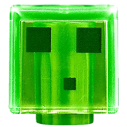 Minifigure, Head, Modified Cube with Pixelated Dark Green Eyes and Mouth Pattern (Minecraft Slime)