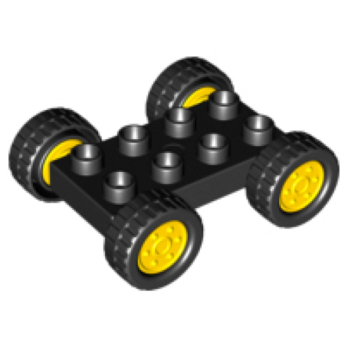 Деталь LEGO 12591c02 Duplo Car Base 2 x 4 with Fixed Axles, Black Tires and Yellow Wheels