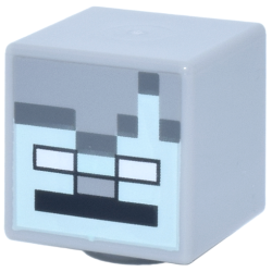 Minifigure, Head, Modified Cube with Pixelated Light Aqua Face with Nose, Dark Bluish Gray Outline, White Eyes, Black Mouth Pattern