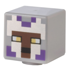Minifigure, Head, Modified Cube with Pixelated Reddish Brown Face, Gold Eyes, and Silver and Dark Purple Helmet Pattern (Minecraft Llama Knight)