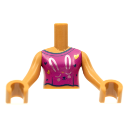 Torso Mini Doll Girl Magenta Top with Dark Blue Trim, Metallic Pink Bunny Face, Gold and Dark Blue Hearts Pattern, Dark Nougat Arms with Hands