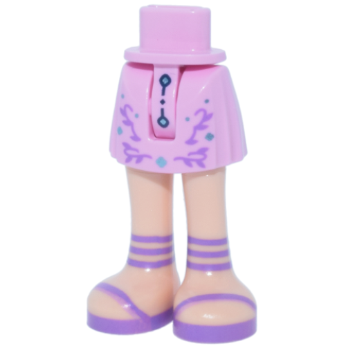 Деталь LEGO 35216ac00pb032 Mini Doll Hips and Skirt with Molded Light Nougat Legs and Printed Dark Blue Trim, Metallic Light Blue Dots, Medium Lavender Filigree and Strap Sandals Pattern - Thin Hinge