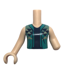 Torso Mini Doll Girl Dark Turquoise Vest with Dark Blue and Tan Triangles over Shirt Pattern, Light Nougat Arm Left, Light Nougat Arm with Hand Right