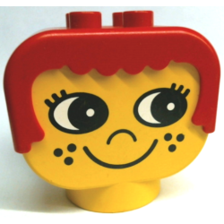 Duplo Figure Head Human 2 x 2 Base with Fixed Red Hair with Eyes Looking Left, Nose, Freckles, and Grin Pattern Duplo Figure Head Human 2 x 2 Base with Fixed Red Hair with Eyes Looking Left, Nose, Freckles, and Grin Pattern