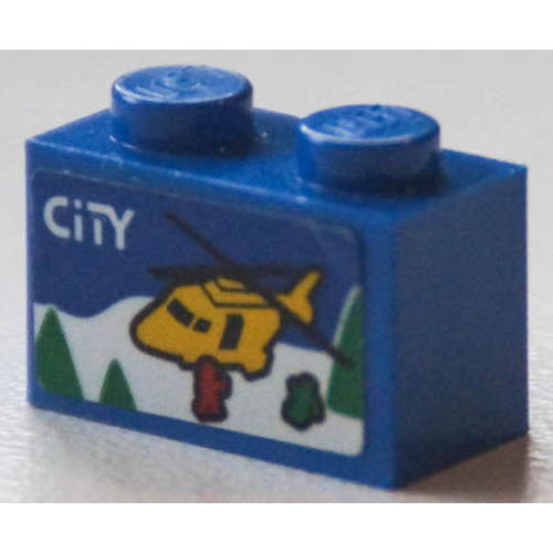 Деталь LEGO 3004pb272 Brick 1 x 2 with 'CITY', Yellow Rescue Helicopter, Snow, Trees and Red Minifigure Silhouette Pattern (Sticker) - Set 40346