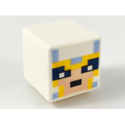 Minifigure, Head, Modified Cube with Pixelated Light Nougat Face, Black Eyes, and Bright Light Blue and Bright Light Orange Helmet Pattern (Minecraft Skull Arena Player)