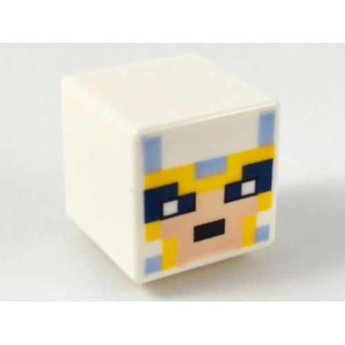 Деталь LEGO 19729pb026 Minifigure, Head, Modified Cube with Pixelated Light Nougat Face, Black Eyes, and Bright Light Blue and Bright Light Orange Helmet Pattern (Minecraft Skull Arena Player)