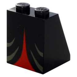 Slope 65 2 x 2 x 2 without Bottom Tube with Minifigure Dress / Skirt / Robe, Dark Gray and Red Witch Pattern