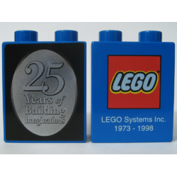 Duplo, Brick 1 x 2 x 2 with 25 Years Of Building Imaginations Pattern Duplo, Brick 1 x 2 x 2 with 25 Years Of Building Imaginations Pattern