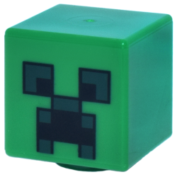 Minifigure, Head, Modified Cube with Pixelated Black and Dark Green Eyes and Open Mouth Frown Pattern (Minecraft Creeper)