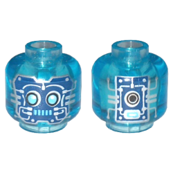Minifigure, Head Alien Robot with Medium Azure Eyes and Mouth, Dark Blue Panels with Silver Circuitry and Circles Pattern