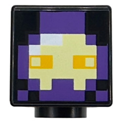 Minifigure, Head, Modified Cube with Pixelated Dark Purple and Bright Light Yellow Mask, White Reflection and Bright Light Orange Eyes Pattern (Minecraft Realm Raider)