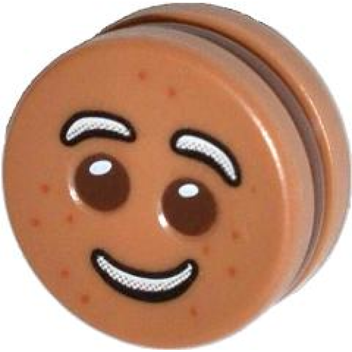 Деталь LEGO 14396c01pb01a Minifigure, Head, Modified Cookie Shape with Fixed Reddish Brown Filling with Eyes, White Icing Eyebrows and Smile, and Dark Orange Dots Pattern