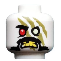 Minifigure, Head Alien Ninjago Red Eye Right, Olive Green Stripes, Moustache, Yellow Teeth Pattern