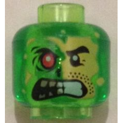 Minifigure, Head Alien Split Face Angry, Normal Left Side with Yellow Skin and Stubble, Burned Right Side with Red Eye Pattern
