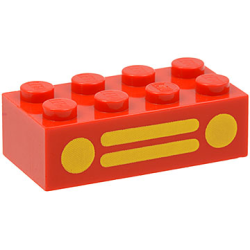 Brick 2 x 4 with Yellow Car Grille and Headlights, 2 Circles and 2 Horizontal Lines Pattern - Red